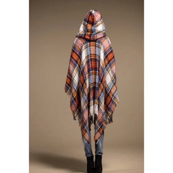 SOLD OUT Vin Chaud Knit Plaid Hooded Hoodie Open Fringe Ruana Wrap Fall Winter - Picture 5 of 6